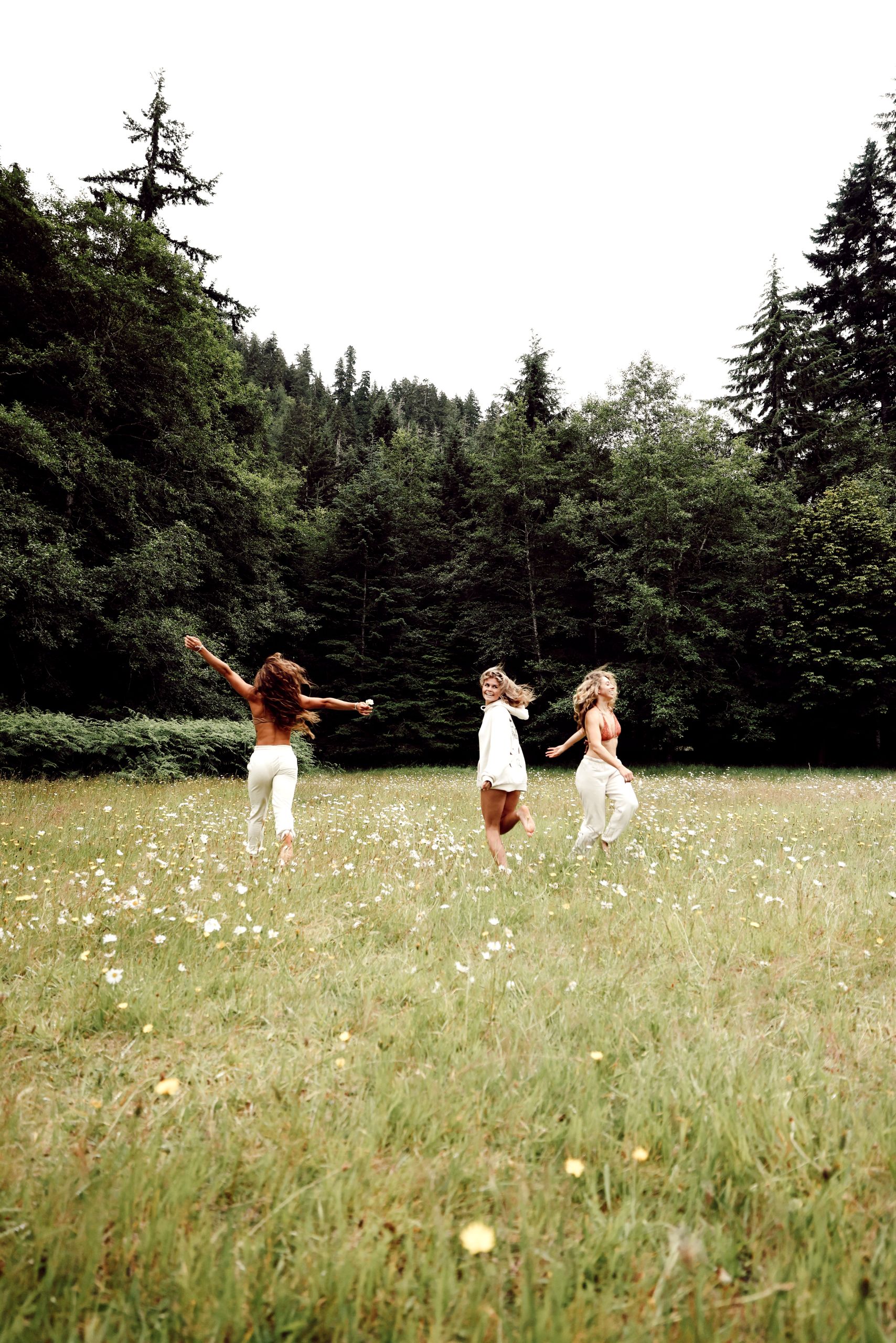 A vibrant scene of three women joyfully running through a field surrounded by lush forest.